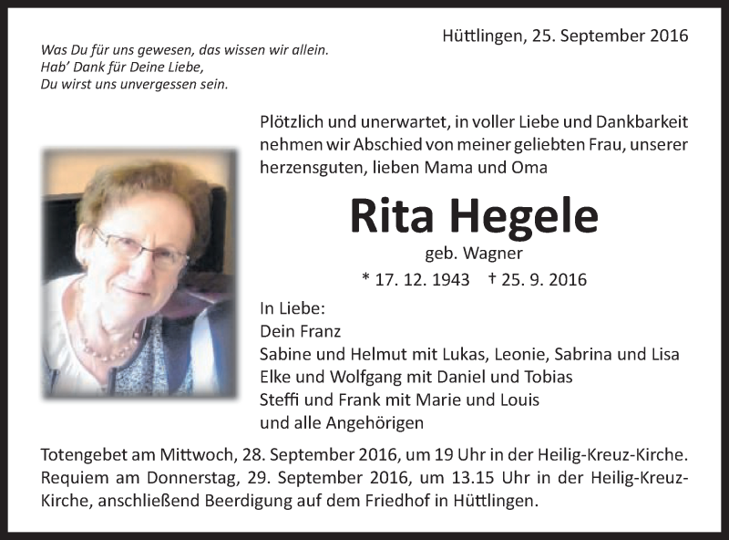  Traueranzeige für Rita Hegele vom 27.09.2016 aus Schwäbische Post