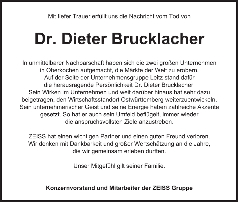  Traueranzeige für Dieter Brucklacher vom 30.09.2016 aus Schwäbische Post