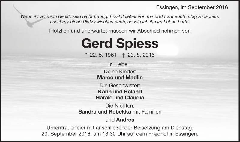  Traueranzeige für Gerd Spiess vom 17.09.2016 aus Schwäbische Post