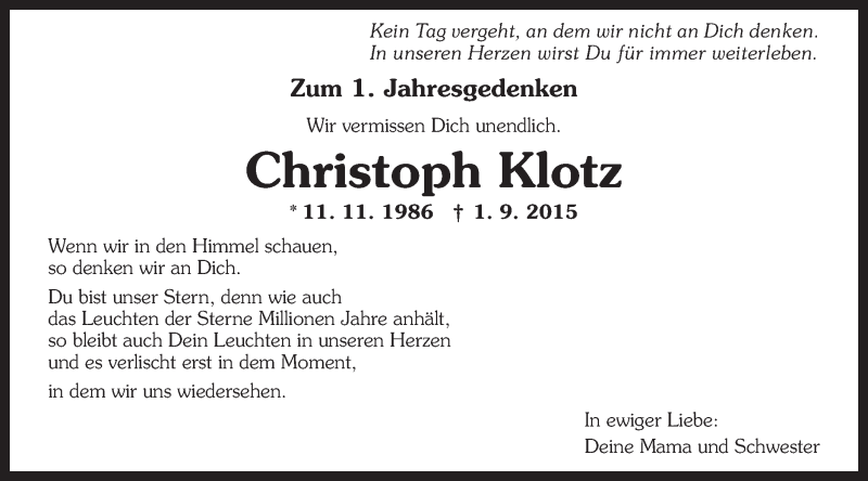  Traueranzeige für Christoph Klotz vom 01.09.2016 aus Schwäbische Post