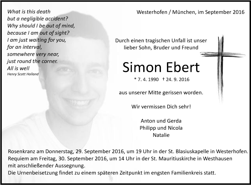  Traueranzeige für Simon Ebert vom 28.09.2016 aus Schwäbische Post