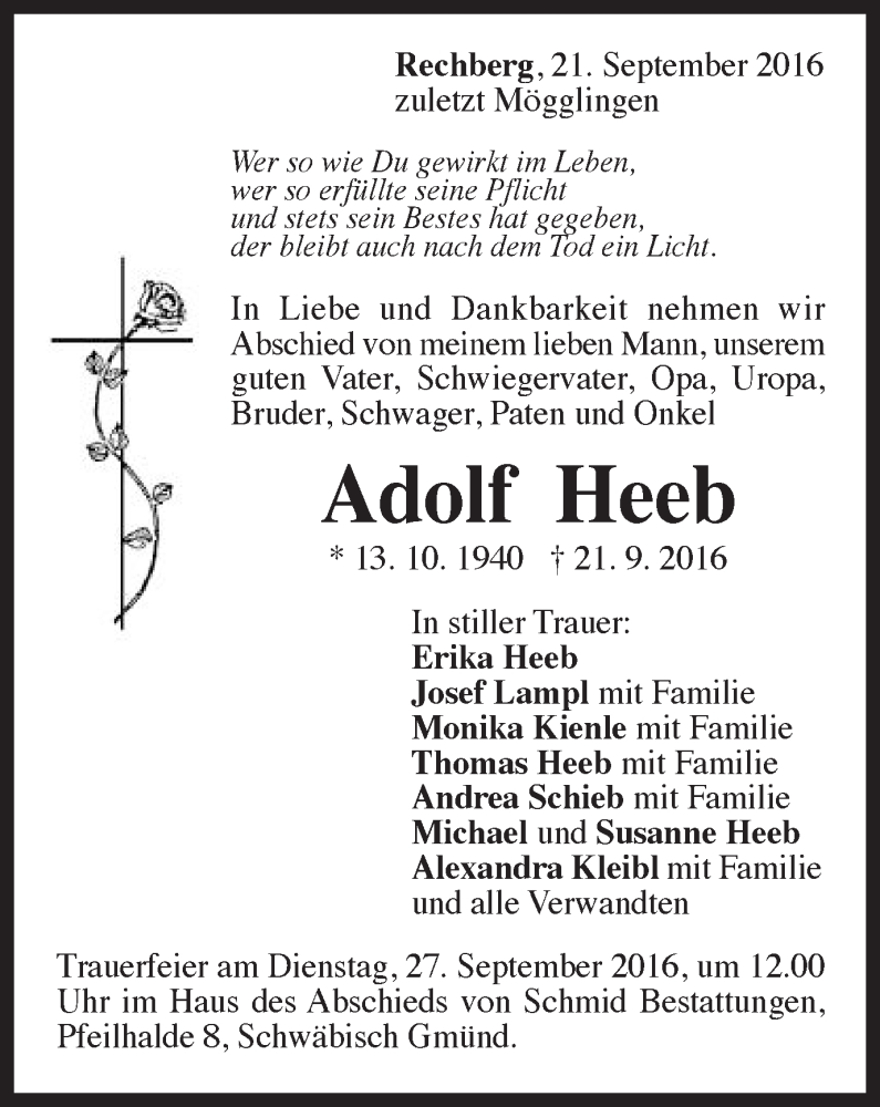  Traueranzeige für Adolf Heeb vom 22.09.2016 aus Gmünder Tagespost