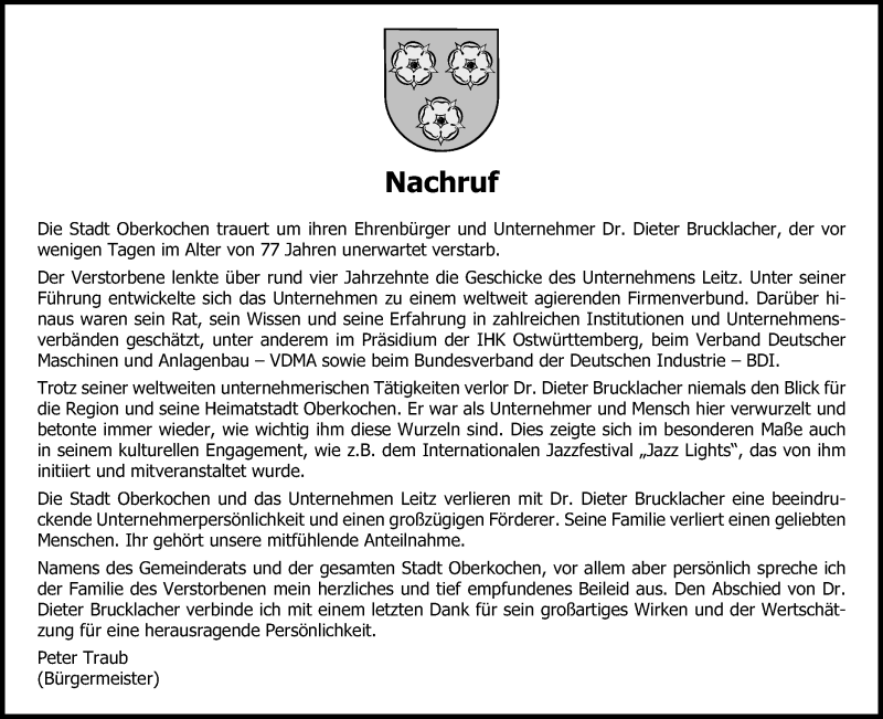  Traueranzeige für Dieter Brucklacher vom 29.09.2016 aus Schwäbische Post