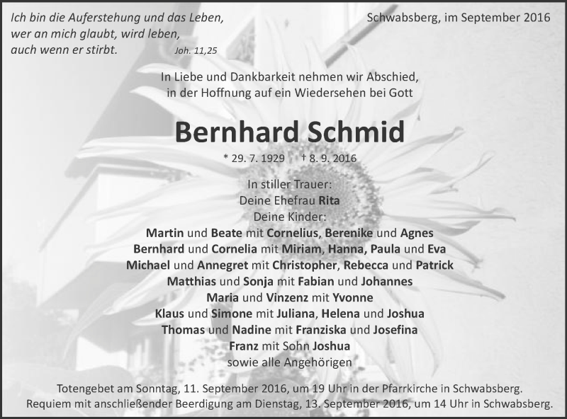  Traueranzeige für Bernhard Schmid vom 10.09.2016 aus Schwäbische Post