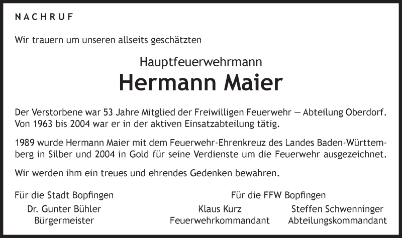  Traueranzeige für Hermann Maier vom 16.09.2016 aus Bopfinger Stadtanzeiger