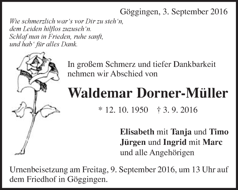  Traueranzeige für Waldemar Dorner-Müller vom 07.09.2016 aus Gmünder Tagespost