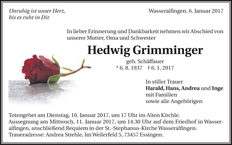 Traueranzeige für Hedwig Grimminger vom 09.01.2017 aus Schwäbische Post