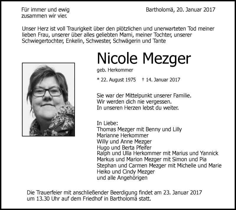  Traueranzeige für Nicole Mezger vom 20.01.2017 aus Gmünder Tagespost