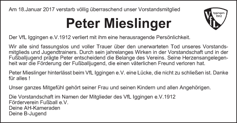  Traueranzeige für Peter Mieslinger vom 24.01.2017 aus Gmünder Tagespost