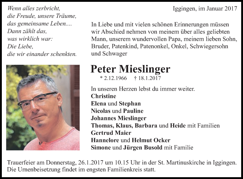  Traueranzeige für Peter Mieslinger vom 23.01.2017 aus Gmünder Tagespost