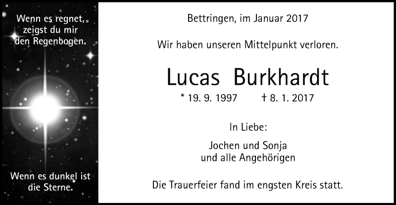  Traueranzeige für Lucas Burkhardt vom 13.01.2017 aus Gmünder Tagespost