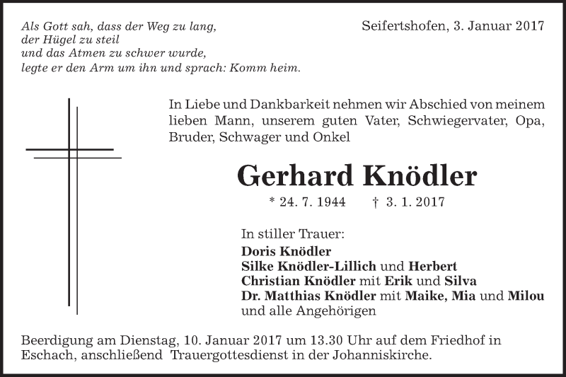  Traueranzeige für Gerhard Knödler vom 07.01.2017 aus Gmünder Tagespost