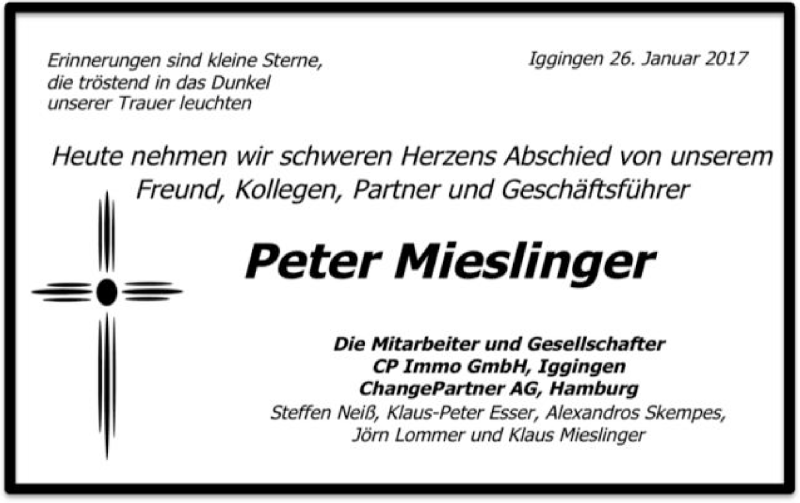  Traueranzeige für Peter Mieslinger vom 26.01.2017 aus Gmünder Tagespost