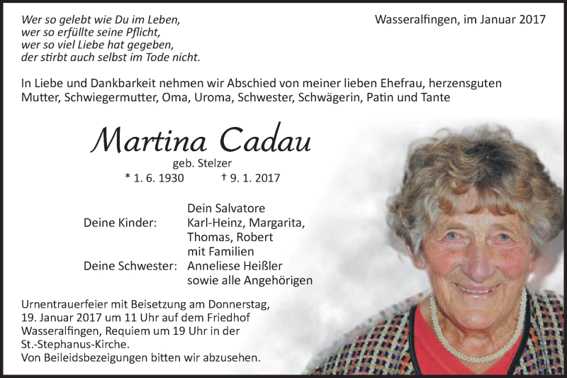  Traueranzeige für Martina Cadau vom 14.01.2017 aus Schwäbische Post