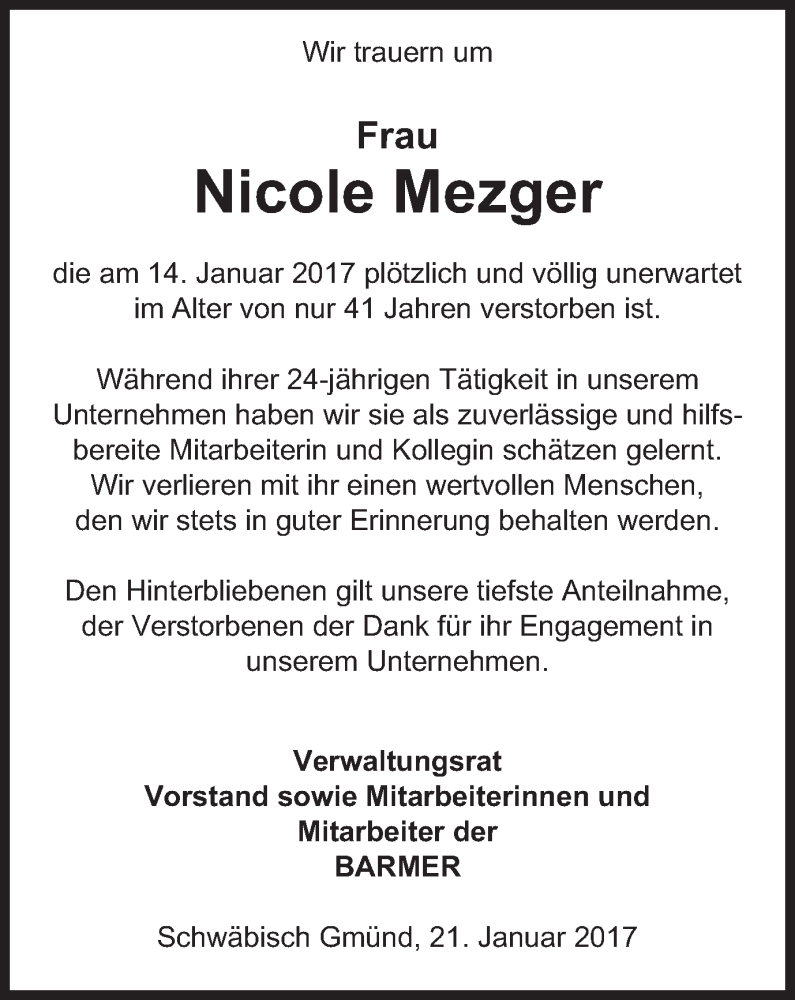  Traueranzeige für Nicole Mezger vom 21.01.2017 aus Gmünder Tagespost