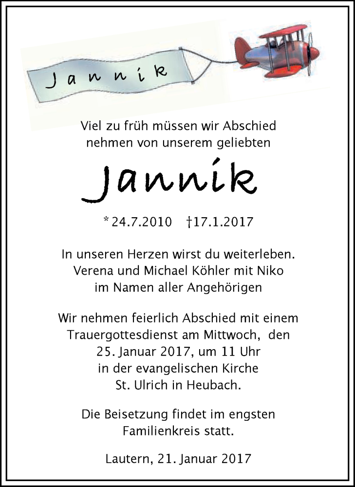  Traueranzeige für Jannik Köhler vom 21.01.2017 aus Gmünder Tagespost