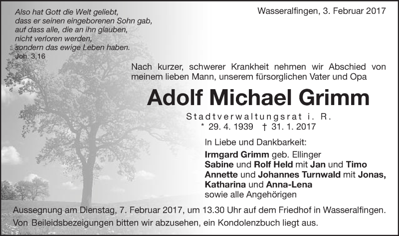  Traueranzeige für Adolf Michael Grimm vom 03.02.2017 aus Schwäbische Post