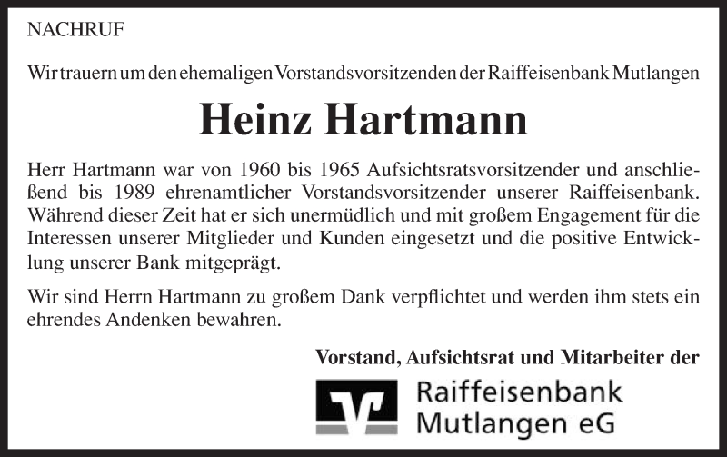  Traueranzeige für Heinz Hartmann vom 02.02.2017 aus Gmünder Tagespost