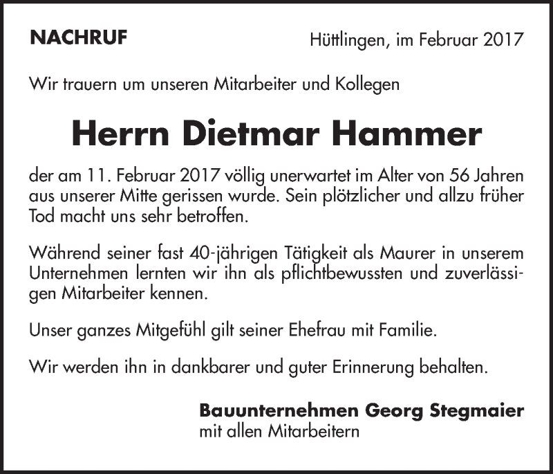  Traueranzeige für Dietmar Hammer vom 21.02.2017 aus Schwäbische Post