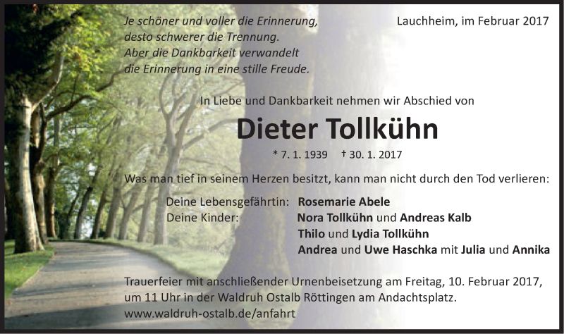  Traueranzeige für Dieter Tollkühn vom 04.02.2017 aus Schwäbische Post