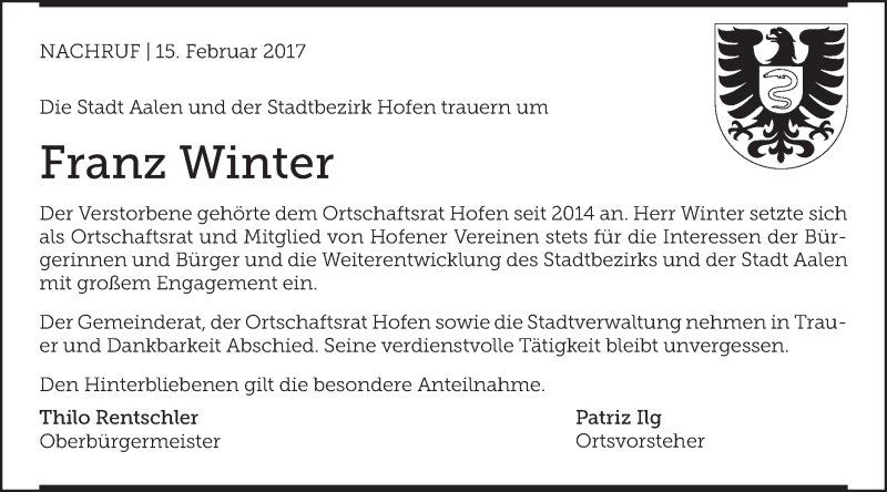  Traueranzeige für Franz Winter vom 15.02.2017 aus Schwäbische Post