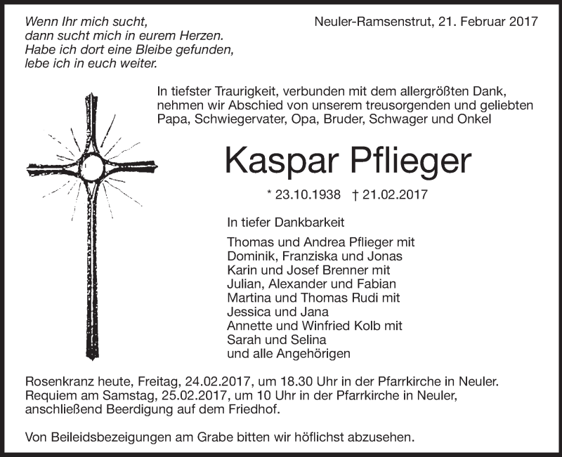  Traueranzeige für Kaspar Pflieger vom 24.02.2017 aus Schwäbische Post