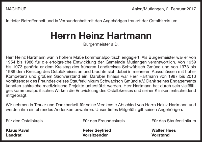  Traueranzeige für Heinz Hartmann vom 02.02.2017 aus Gmünder Tagespost
