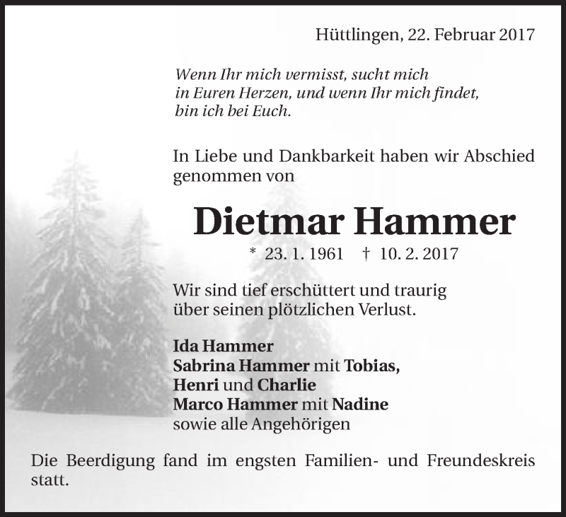  Traueranzeige für Dietmar Hammer vom 21.02.2017 aus Schwäbische Post