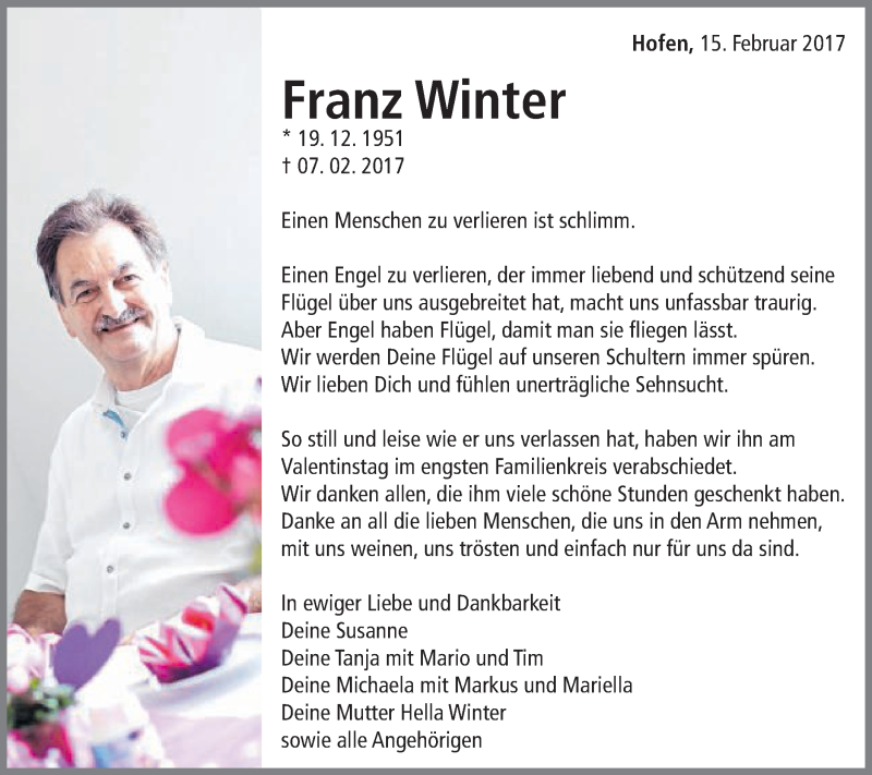 Traueranzeige für Franz Winter vom 15.02.2017 aus Schwäbische Post