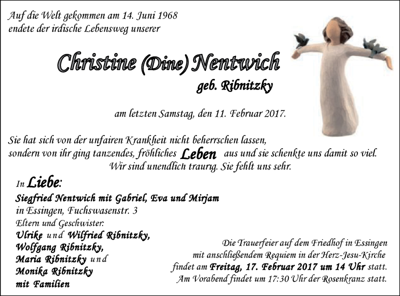  Traueranzeige für Christine Nentwich vom 16.02.2017 aus Schwäbische Post