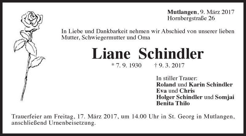  Traueranzeige für Liane Schindler vom 13.03.2017 aus Gmünder Tagespost