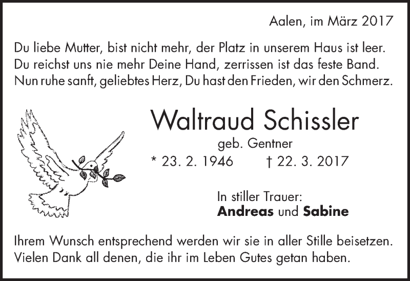  Traueranzeige für Waltraud Schissler vom 25.03.2017 aus Schwäbische Post