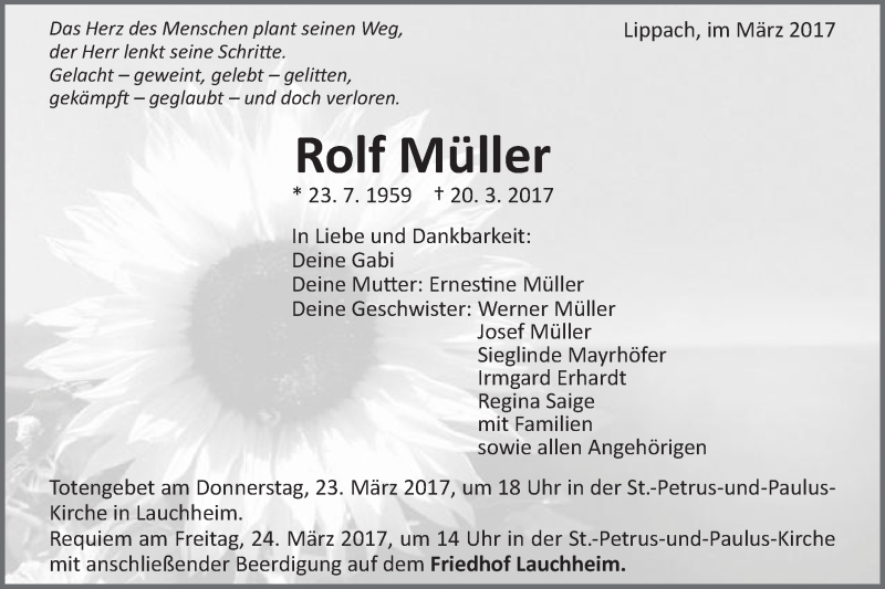  Traueranzeige für Rolf Müller vom 22.03.2017 aus Schwäbische Post