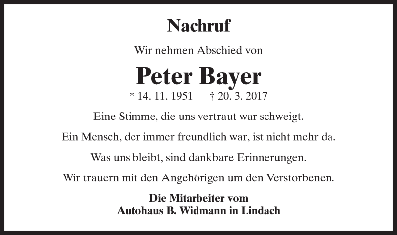  Traueranzeige für Peter Bayer vom 23.03.2017 aus Gmünder Tagespost