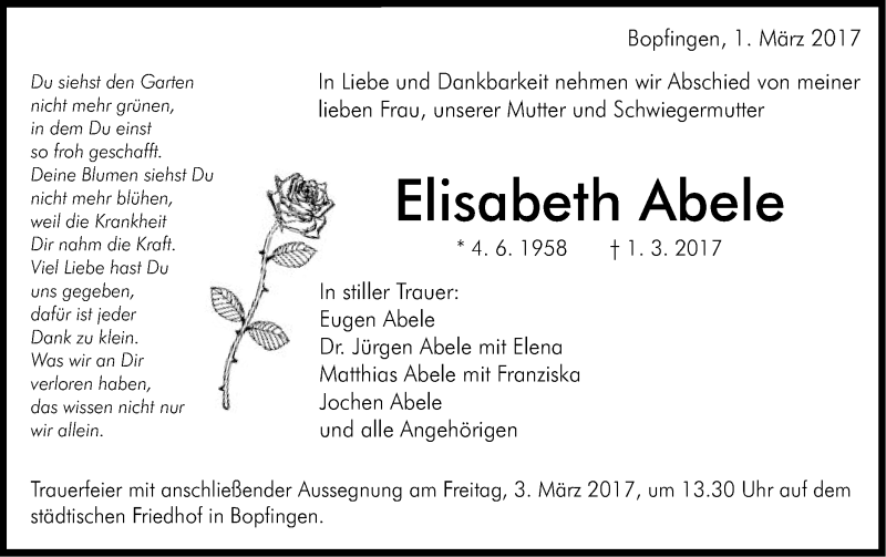  Traueranzeige für Elisabeth Abele vom 02.03.2017 aus Schwäbische Post
