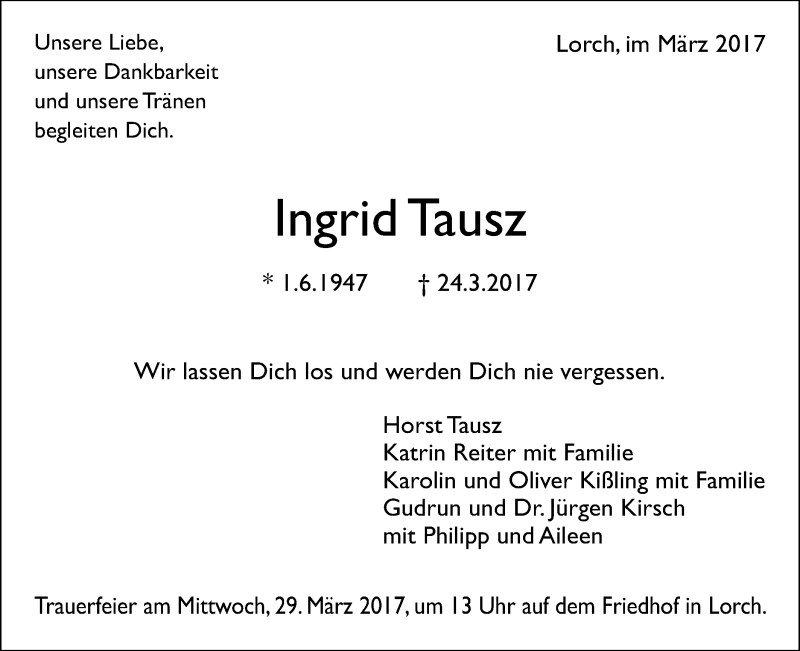  Traueranzeige für Ingrid Tausz vom 25.03.2017 aus Gmünder Tagespost