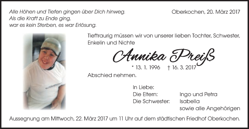  Traueranzeige für Annika Preiß vom 20.03.2017 aus Schwäbische Post