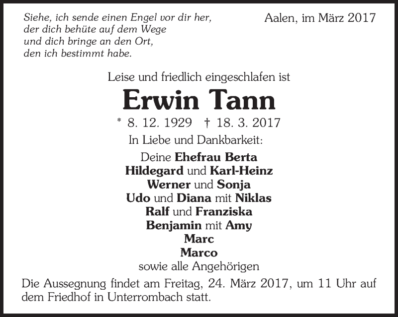  Traueranzeige für Erwin Tann vom 21.03.2017 aus Schwäbische Post