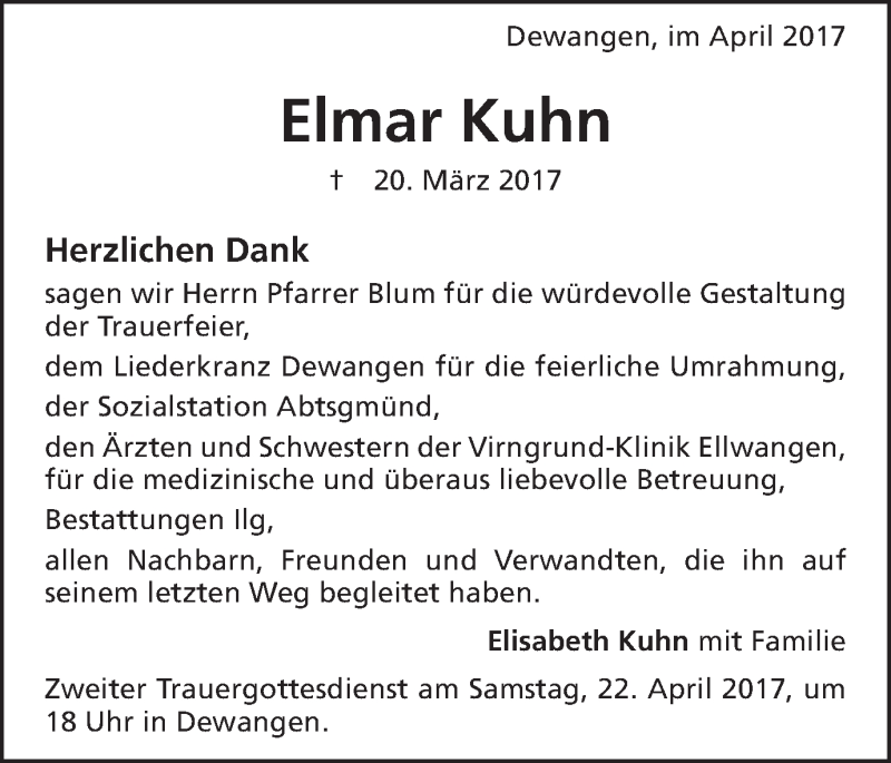  Traueranzeige für Elmar Kuhn vom 20.04.2017 aus Schwäbische Post