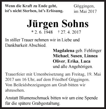 Traueranzeige von Jürgen Sohns von Gmünder Tagespost