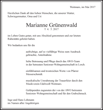 Traueranzeige von Marianne Grünenwald von Gmünder Tagespost
