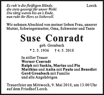 Traueranzeige von Suse Conradt von Gmünder Tagespost