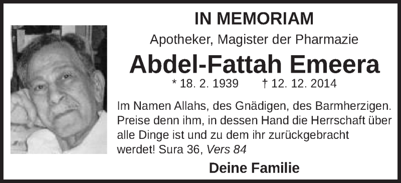  Traueranzeige für Abdel-Fattah Emeera vom 12.12.2019 aus Schwäbische Post