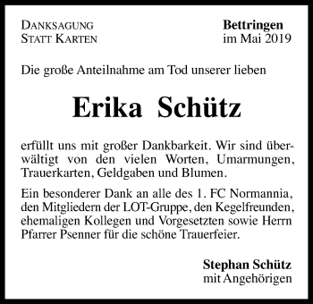 Traueranzeige von Erika Schütz von Gmünder Tagespost