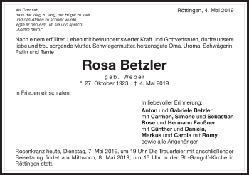 Traueranzeige von Rosa Betzler von Schwäbische Post