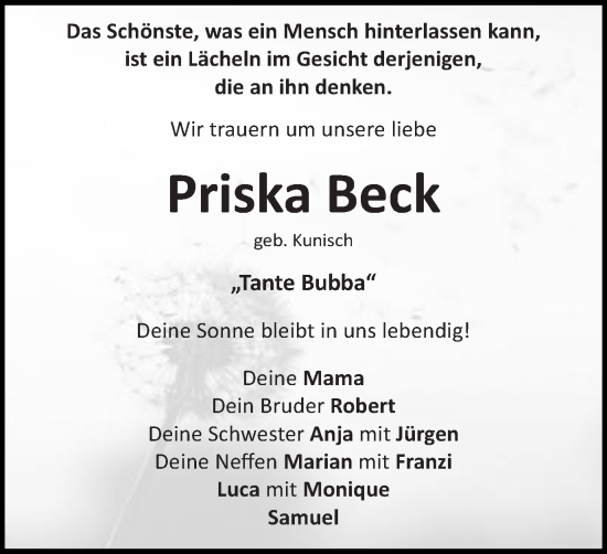 Traueranzeige von Priska Beck von Schwäbische Post