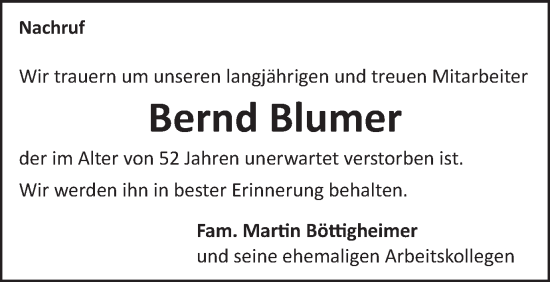 Traueranzeige von Bernd Blumer von Gmünder Tagespost