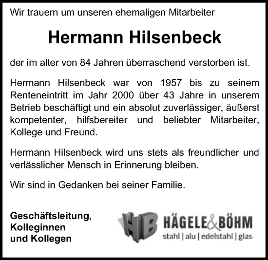 Traueranzeige von Hermann Hilsenbeck von Schwäbische Post
