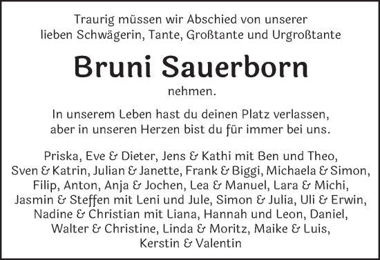 Traueranzeige von Bruni Sauerborn von Schwäbische Post