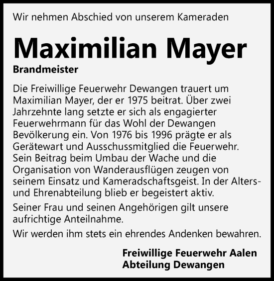 Traueranzeige von Maximilian Mayer von Schwäbische Post